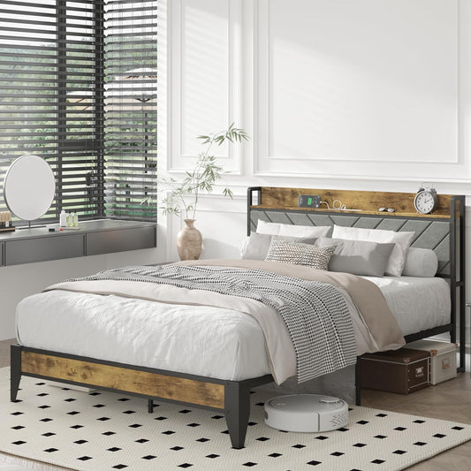 Wooden Platform Bed with Upholstered Headboard, Charging Station