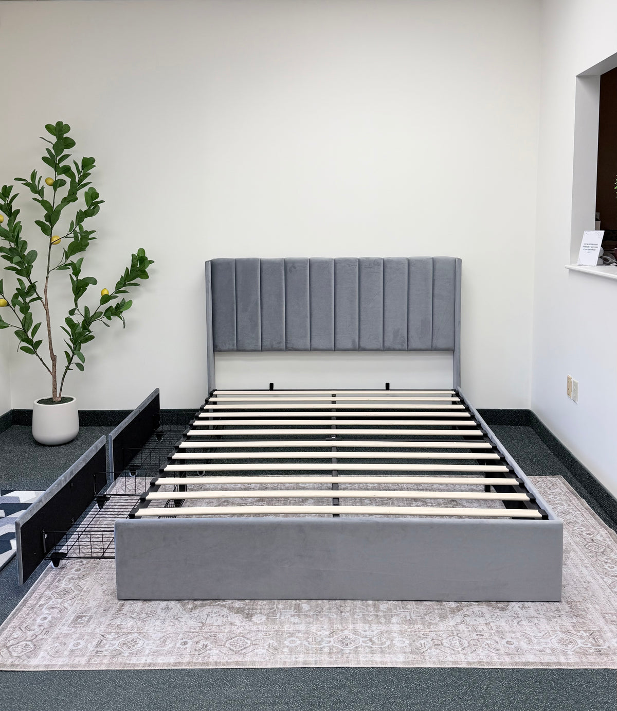 Velvet Wingback Upholstered Platform Bed with Drawer Storage