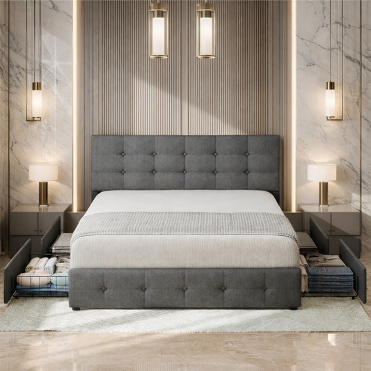 Diamond Tufted Upholstered Platform Bed with 4 Storage Drawers