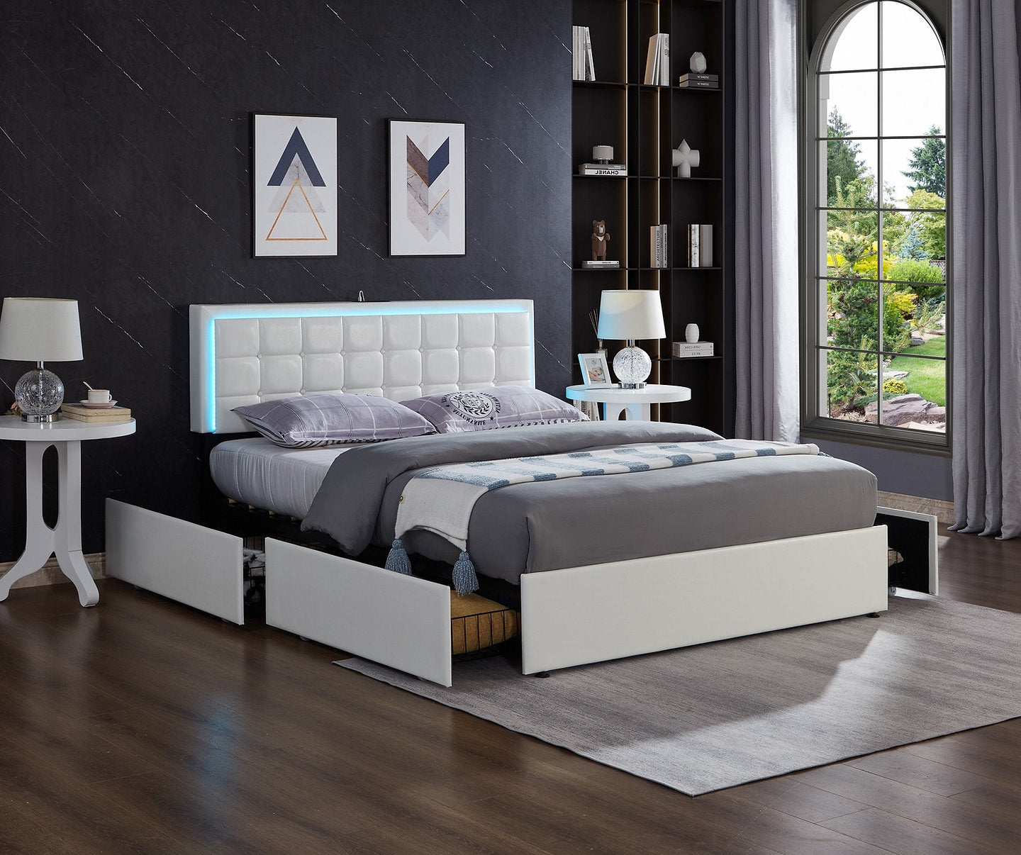 LED Upholstered bed with Charging and 4 Storage Drawers, White