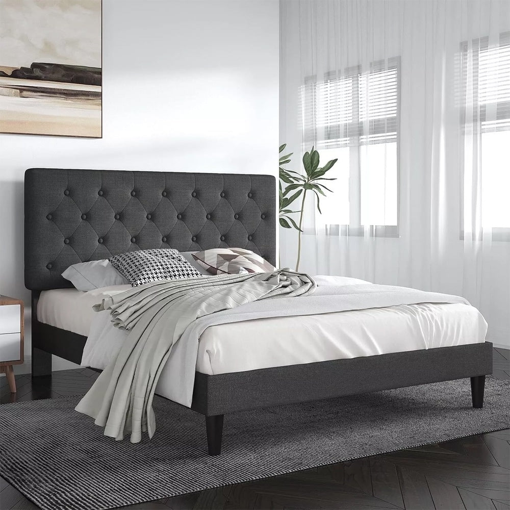 Button-Tufted Fabric Upholstered Platform Bed, Grey