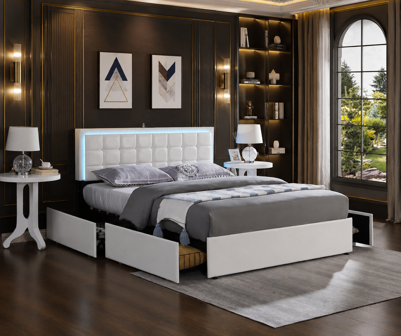 White Vegan Leather Upholstered with 4 Drawers, LED and Charging Station
