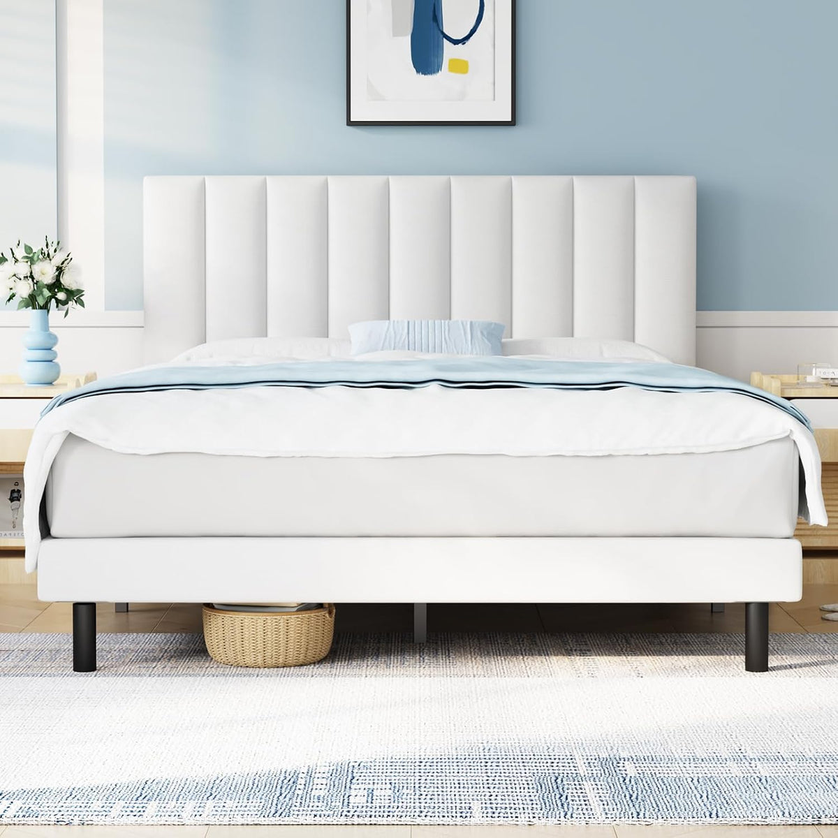 Vertical-Tufted Vegan Leather Upholstered Platform Bed, White