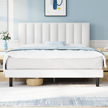 Vertical-Tufted Vegan Leather Upholstered Platform Bed, White