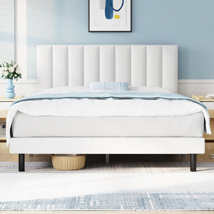 Vertical-Tufted Vegan Leather Upholstered Platform Bed, White