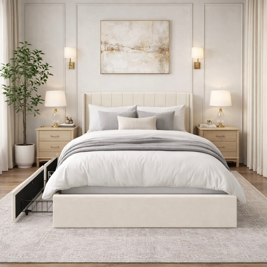 Velvet Wingback Upholstered Platform Bed with Drawer Storage