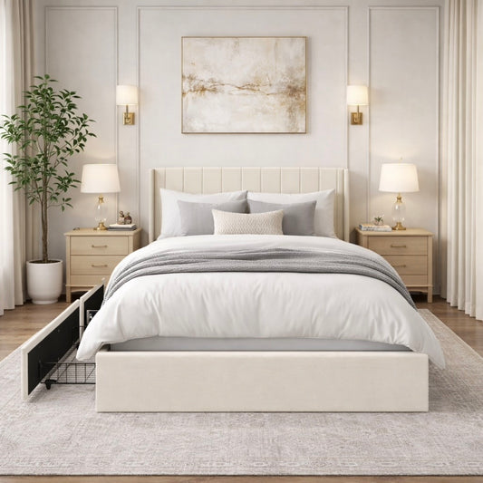 Velvet Wingback Upholstered Platform Bed with Drawer Storage