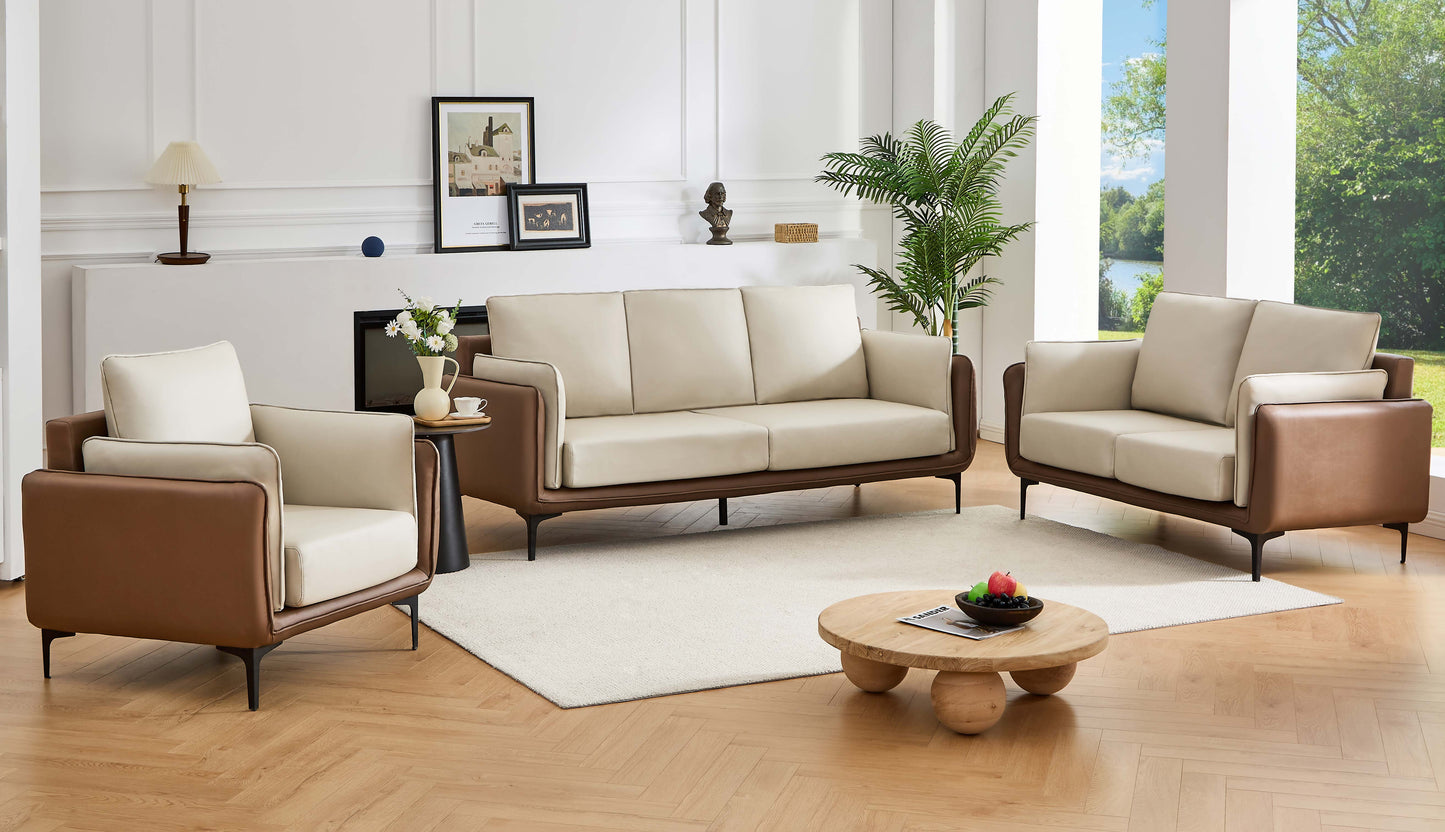 Modern Two-Tone Cream & Mocha Sofa Set with Metal Legs