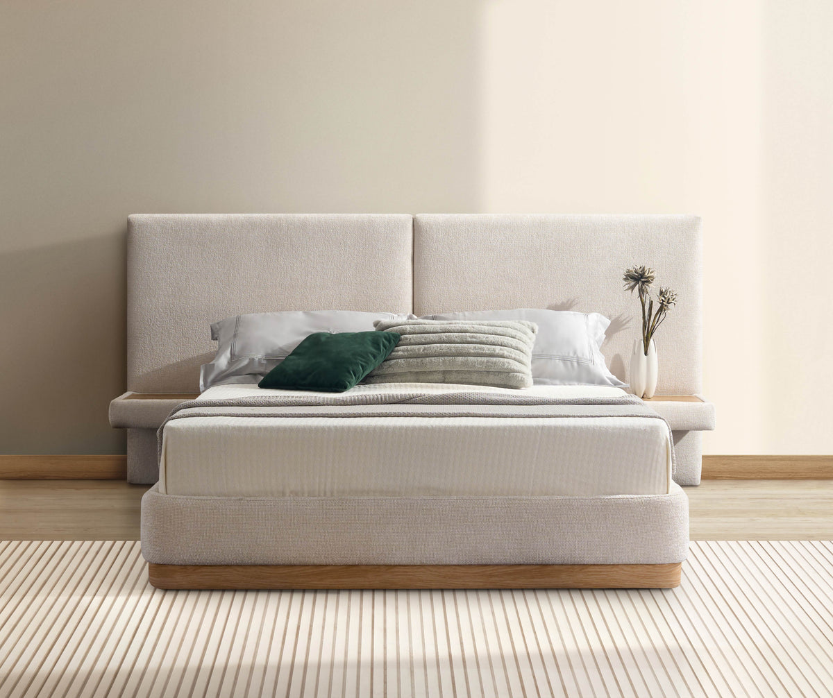 Upholstered Bed with Floating Nightstands, Warm Ivory & Natural Oak