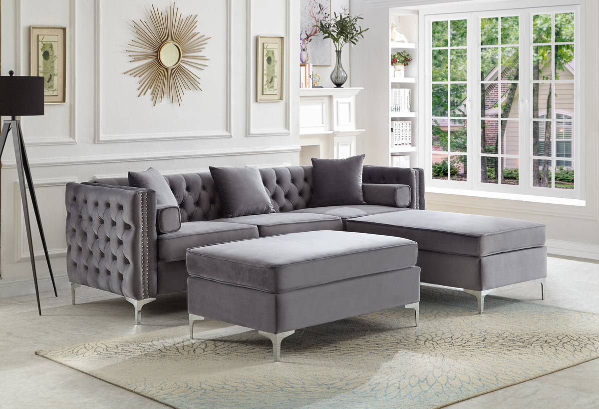 Luxury Grey Velvet Tufted Sectional with Chrome Legs, Grey