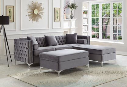 Luxury Grey Velvet Tufted Sectional with Chrome Legs, Grey