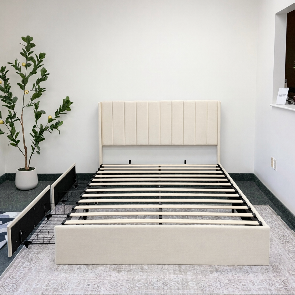 Velvet Wingback Upholstered Platform Bed with Drawer Storage