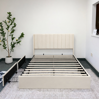 Velvet Wingback Upholstered Platform Bed with Drawer Storage