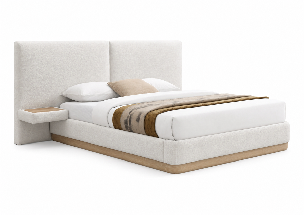 Upholstered Bed with Floating Nightstands, Warm Ivory & Natural Oak