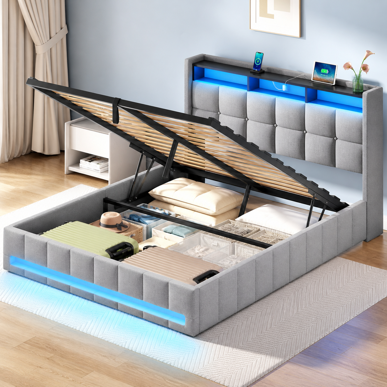 Hydraulic Storage Upholstered Platform Bed with LED, Charging Station