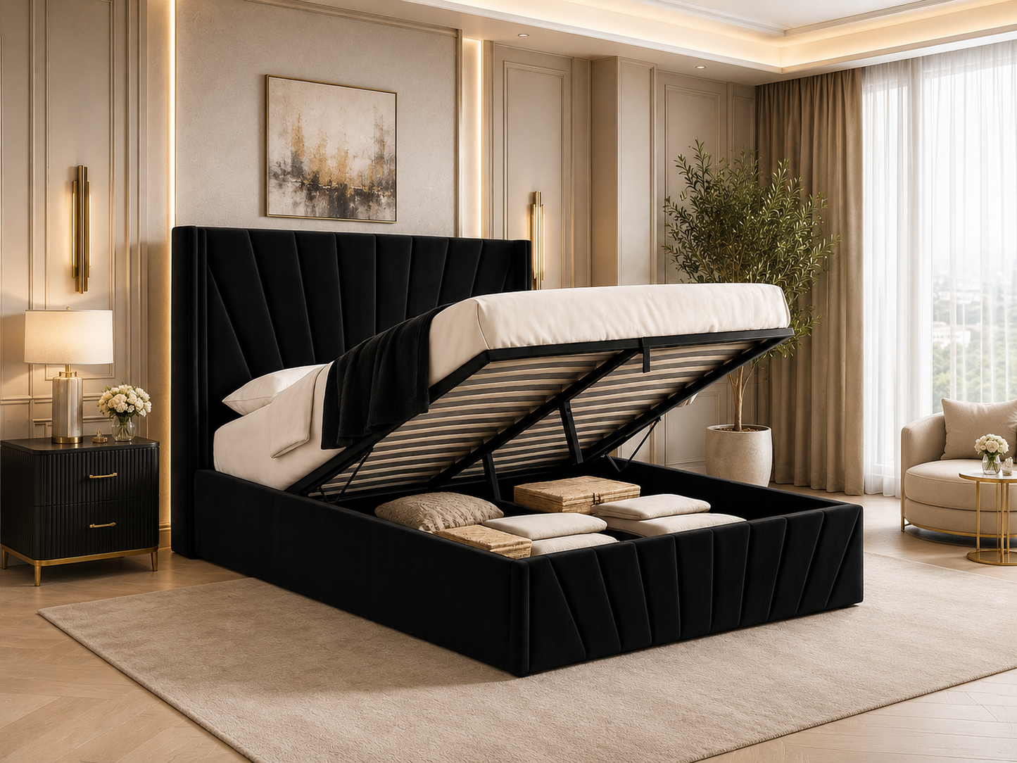 Elevé Velvet Upholstered Lift Up Storage Bed with 56” High Headboard