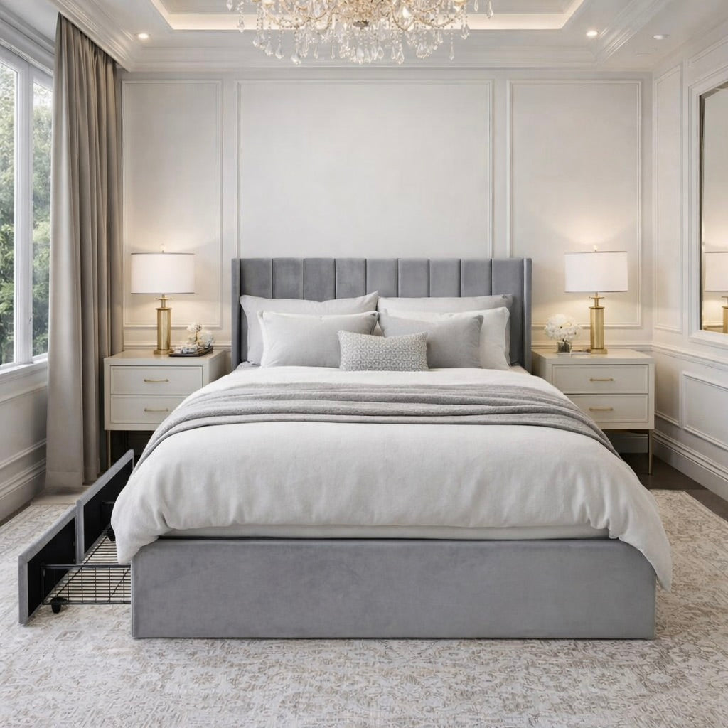 Velvet Wingback Upholstered Platform Bed with Drawer Storage