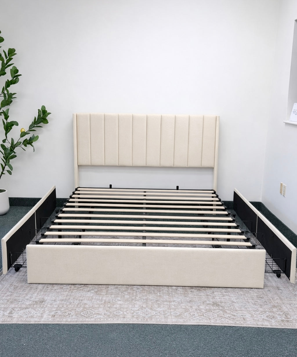 Velvet Wingback Upholstered Platform Bed with Drawer Storage