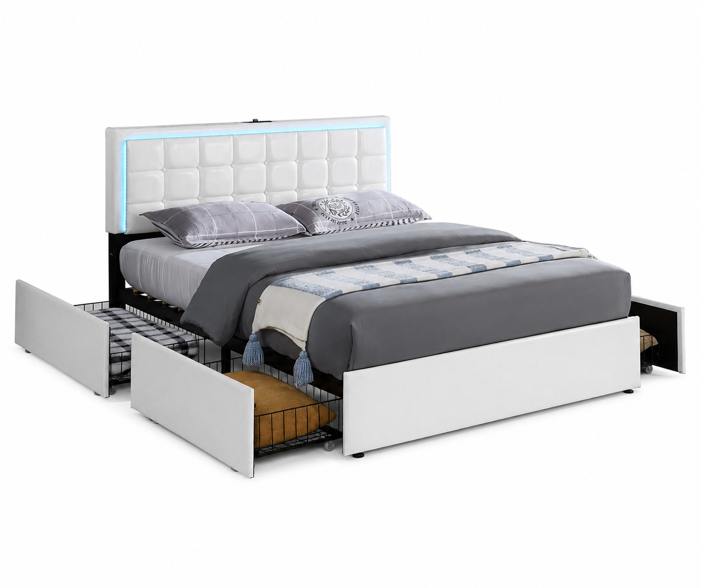 LED Upholstered bed with Charging and 4 Storage Drawers, White