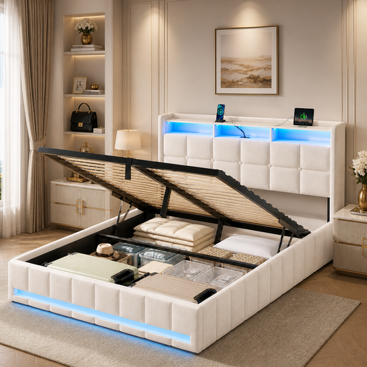 Hydraulic Storage Upholstered Platform Bed with LED, Charging Station