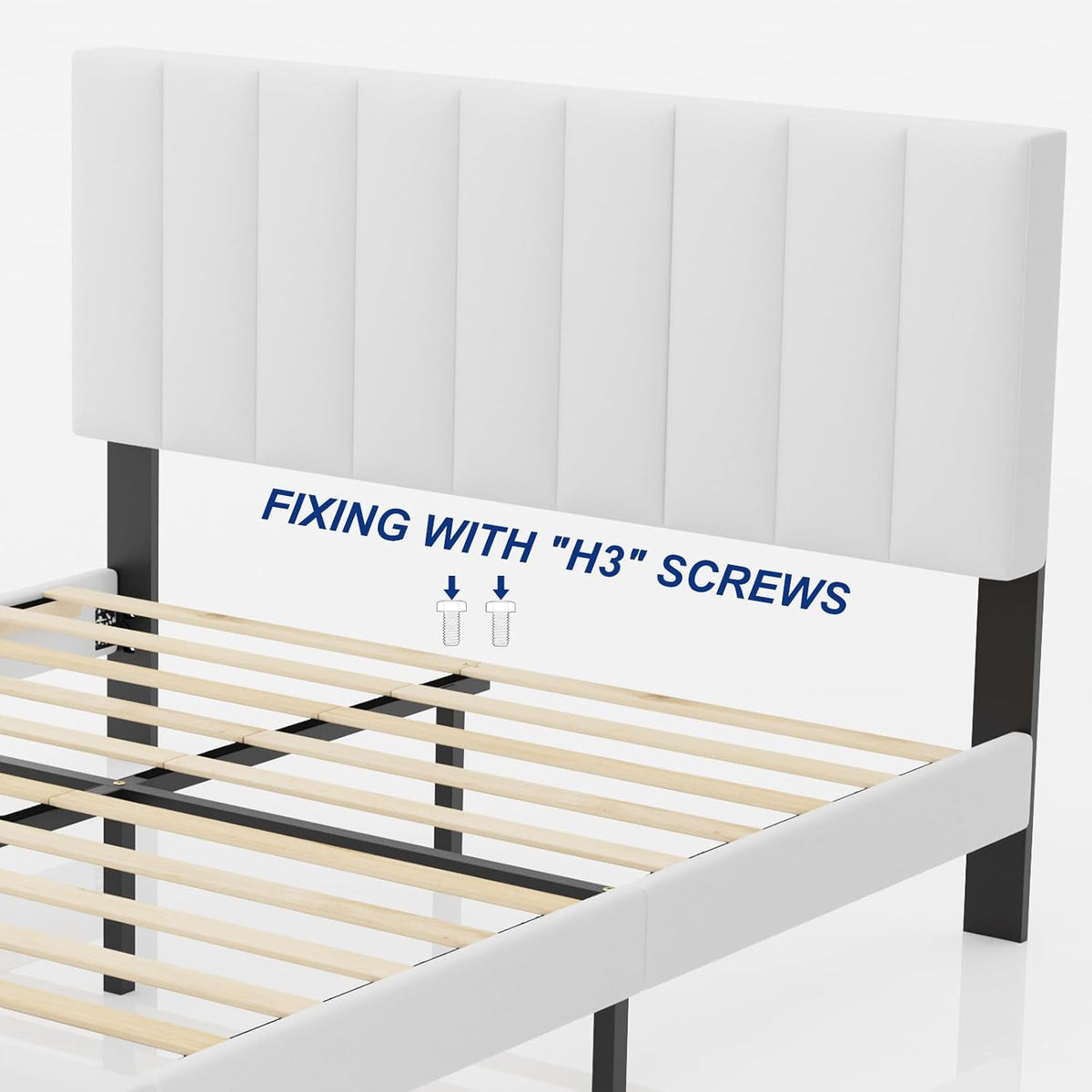 Vertical-Tufted Vegan Leather Upholstered Platform Bed, White