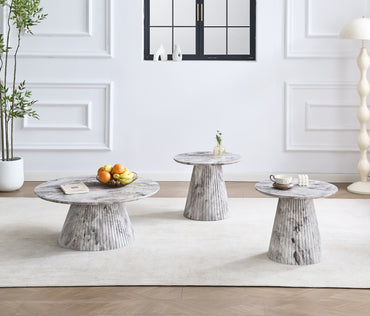 Round Marble-Look Coffee Table Set with Fluted Base – Grey