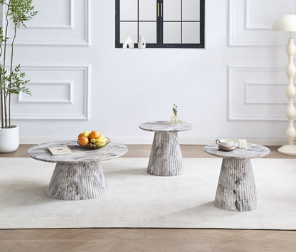 Round Marble-Look Coffee Table Set with Fluted Base – Grey