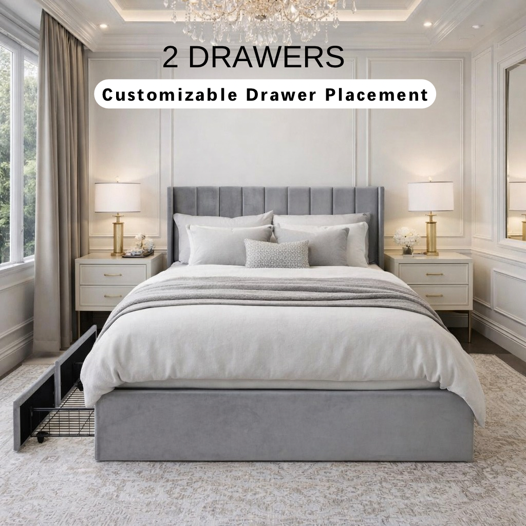 Velvet Wingback Upholstered Platform Bed with Drawer Storage