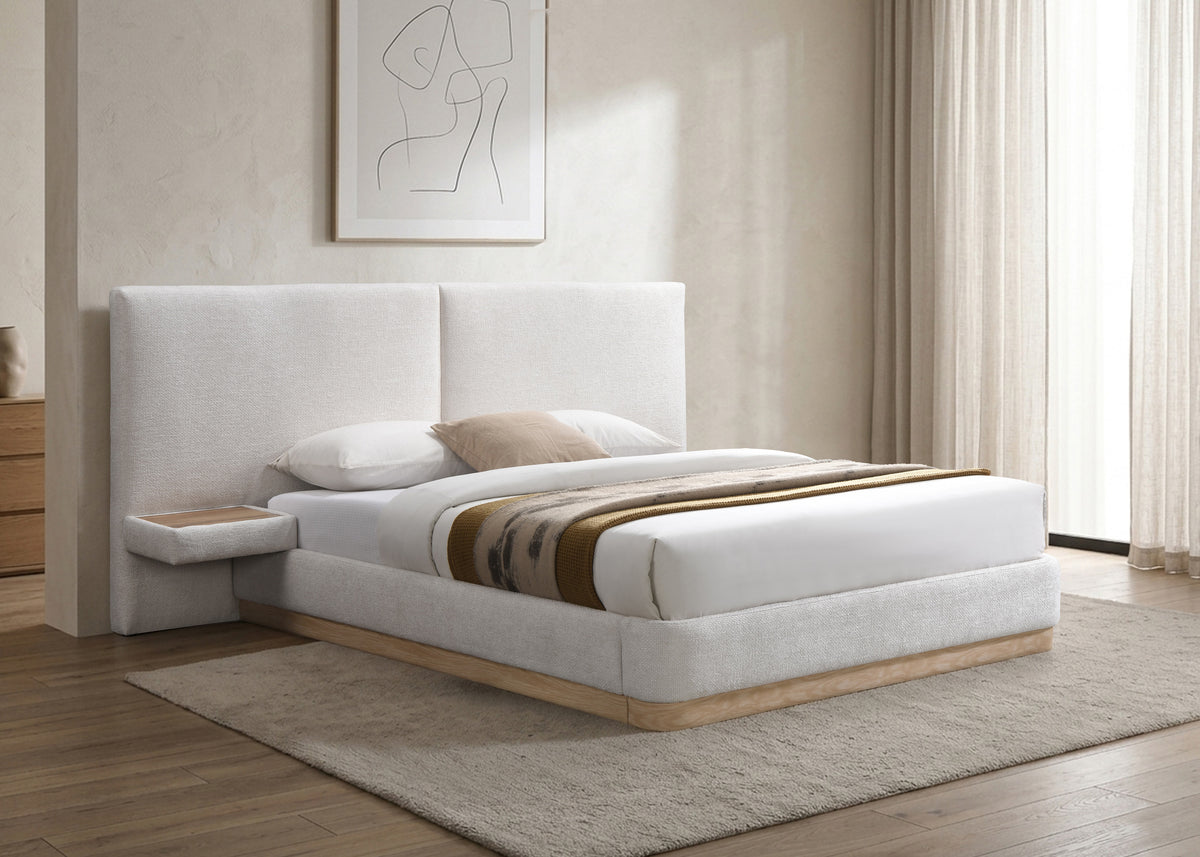 Upholstered Bed with Floating Nightstands, Warm Ivory & Natural Oak