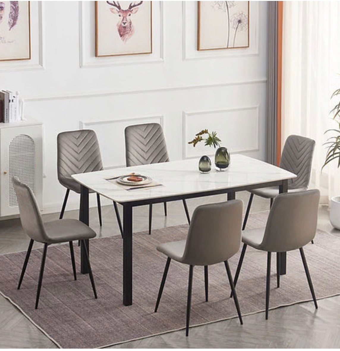 Sintered Stone White Marble Top Table with 6 Velvet Chairs