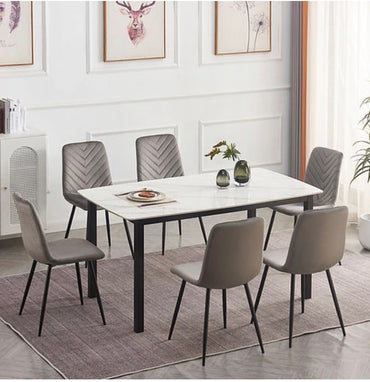 Sintered Stone White Marble Top Table with 6 Velvet Chairs