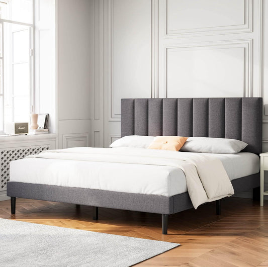 Grey Fabric Vertical Tufted Upholstered Platform Bed Frame