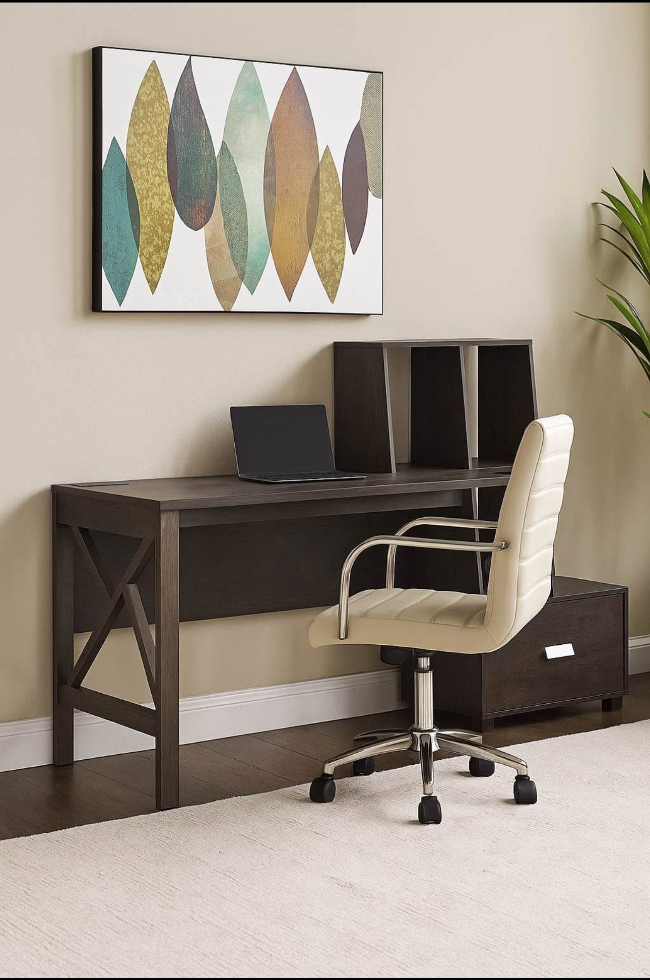 Walnut Oak Desk with Storage and Drawer and Charging Station