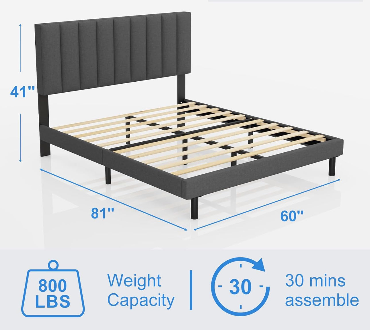 Grey Fabric Vertical Tufted Upholstered Platform Bed Frame
