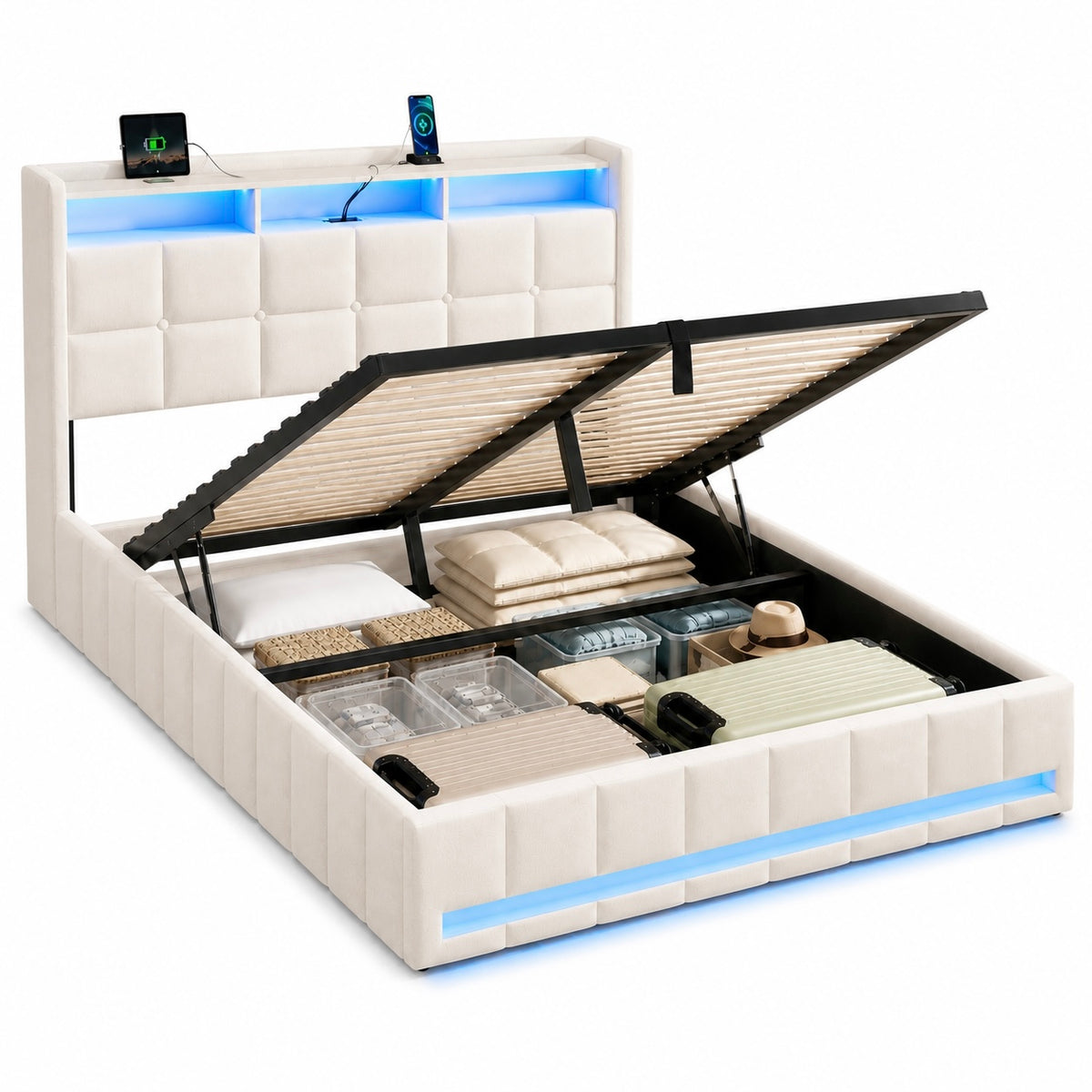 LED Hydraulic Storage Bed with Charging Station,Cream
