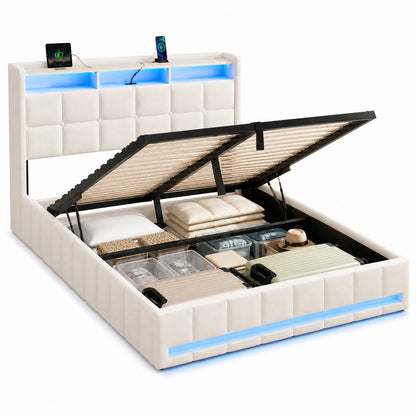 LED Hydraulic Storage Bed with Charging Station,Cream