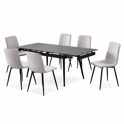 Extendable Sintered Stone Black Marble Dining Table with 6 Chairs