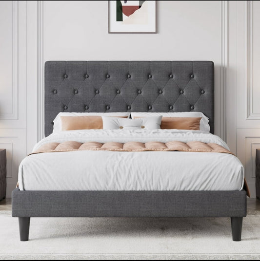 Grey Upholstered Platform Bed Frame