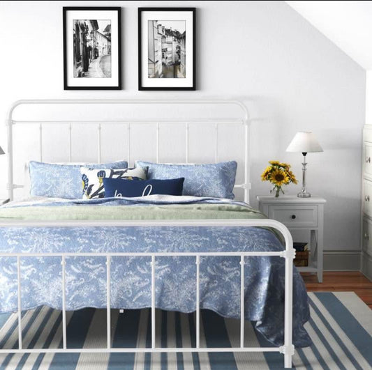 Farmhouse Style White Metal Platform Bed