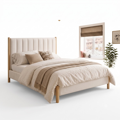 Scandinavian Channel-Tufted Platform Bed,Natural Oak & Cream
