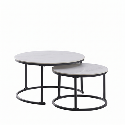 2-Piece Nested Sintered Stone Coffee Table Set – Snow White Marble & Black