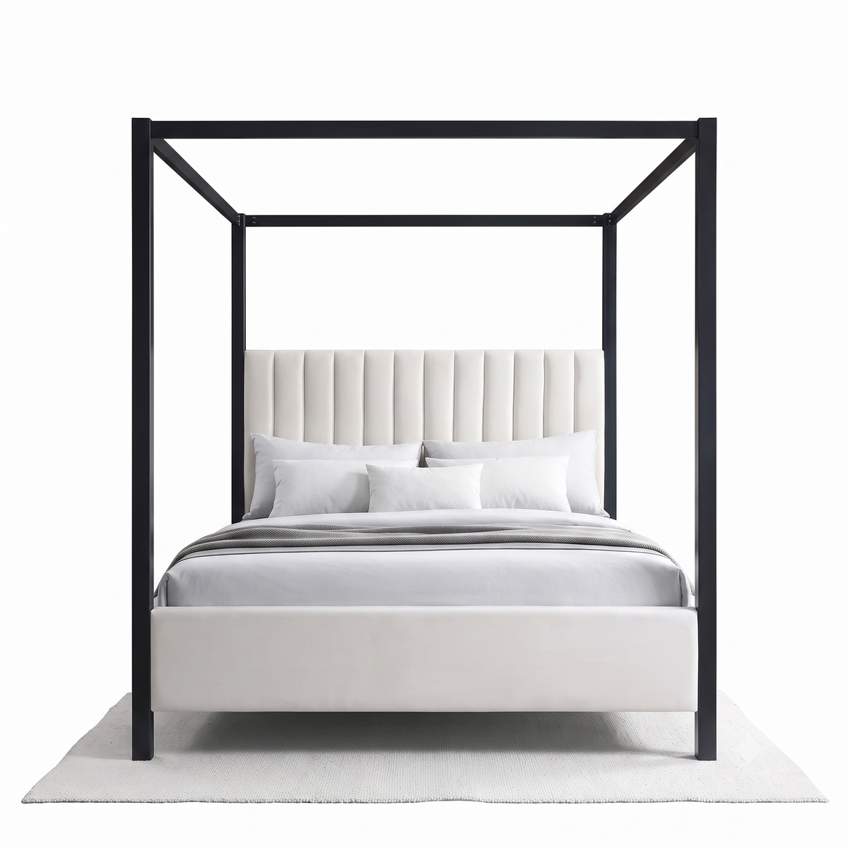Modern Canopy Platform Bed with Upholstered Headboard,Beige & Black