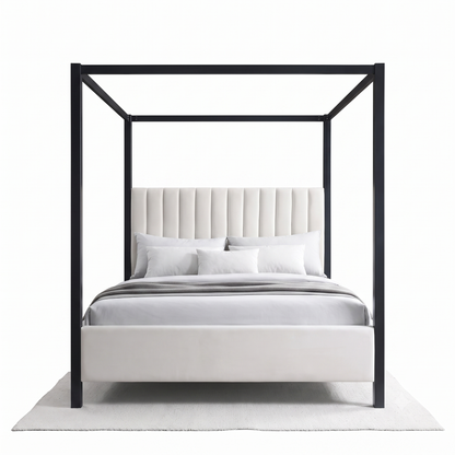 Modern Canopy Platform Bed with Upholstered Headboard,Beige & Black