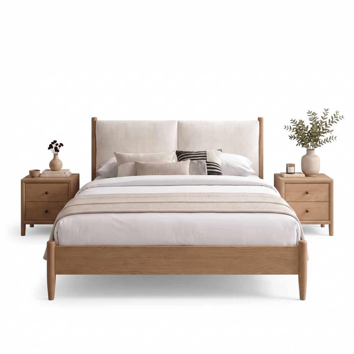 Scandinavian Wood Platform Bed with Upholstered Headboard,Natural Oak
