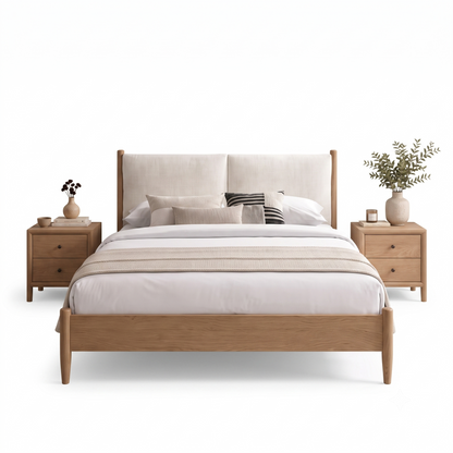 Scandinavian Wood Platform Bed with Upholstered Headboard,Natural Oak
