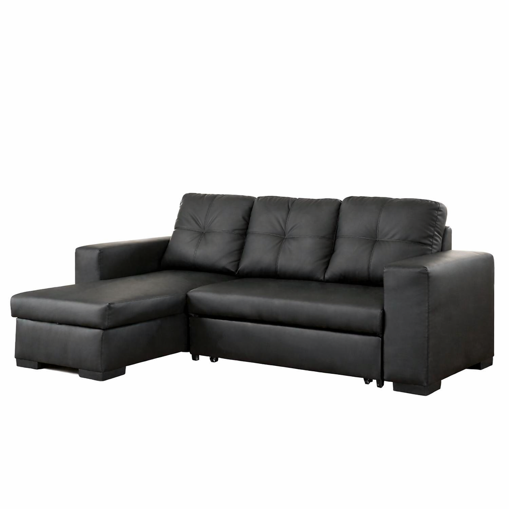 Black PU Sectional Sofa Bed, Reversible Chaise