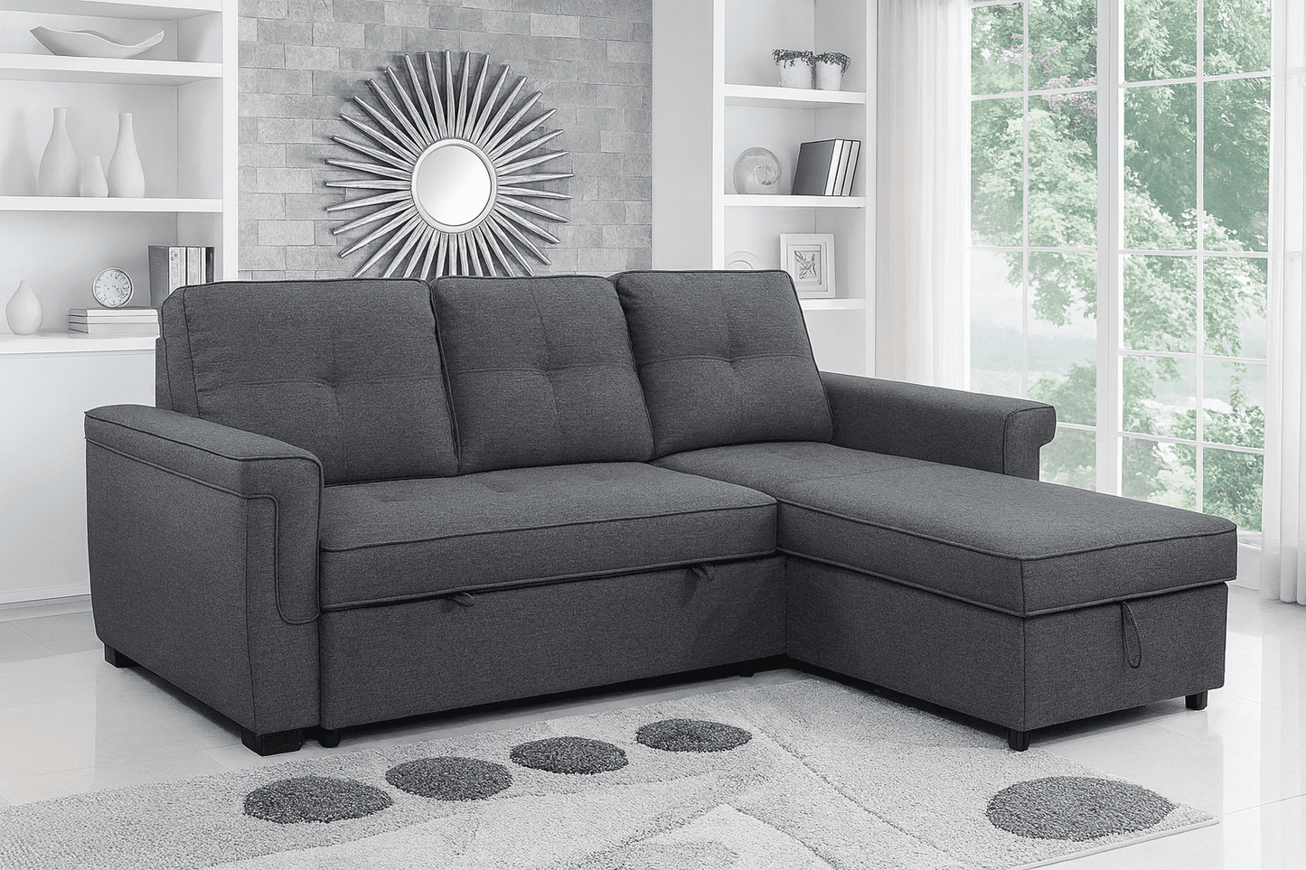 Dark Grey Fabric Sectional Sofa Bed, Reversible Chaise