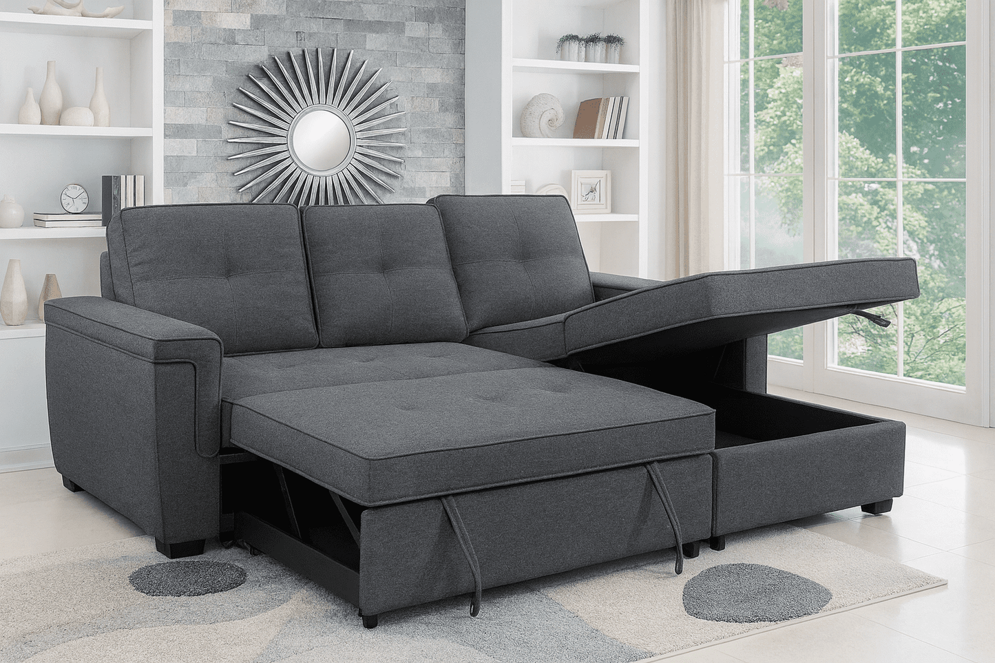 Dark Grey Fabric Sectional Sofa Bed, Reversible Chaise