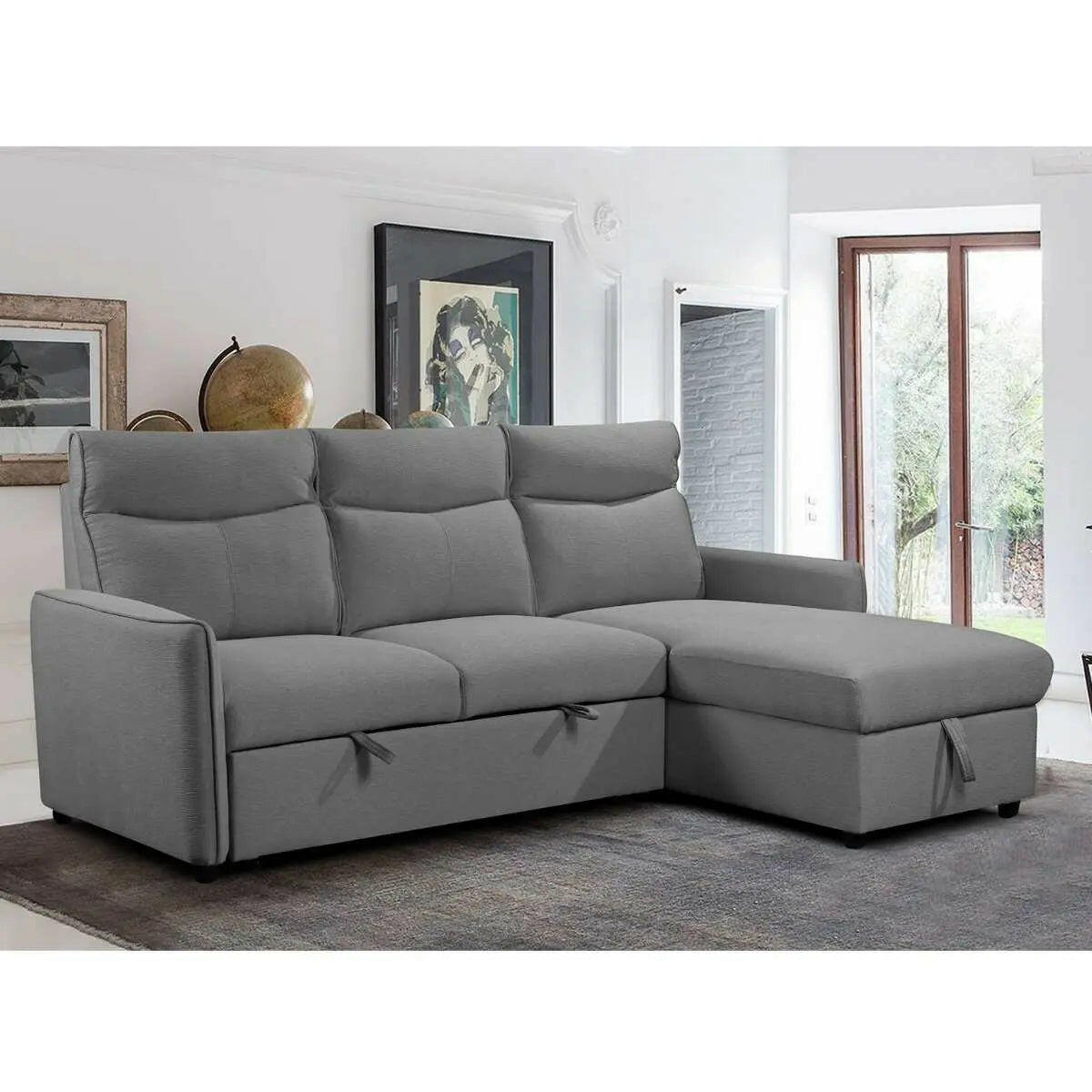 Grey Fabric Sectional Sofa Bed, Reversible Chaise