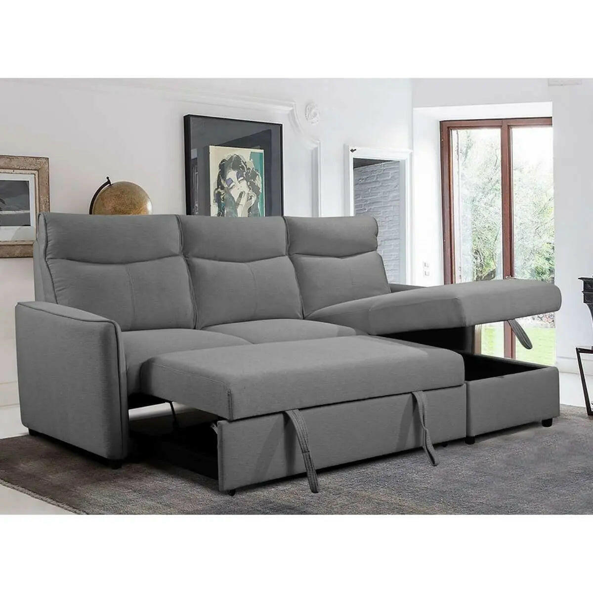 Grey Fabric Sectional Sofa Bed, Reversible Chaise